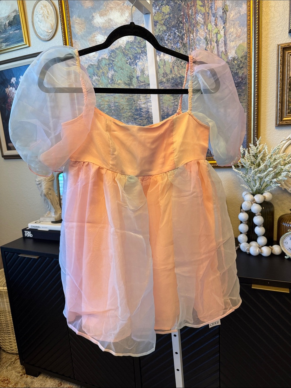 Cider Sheer Organza Puff-Sleeve Camisole in Peach